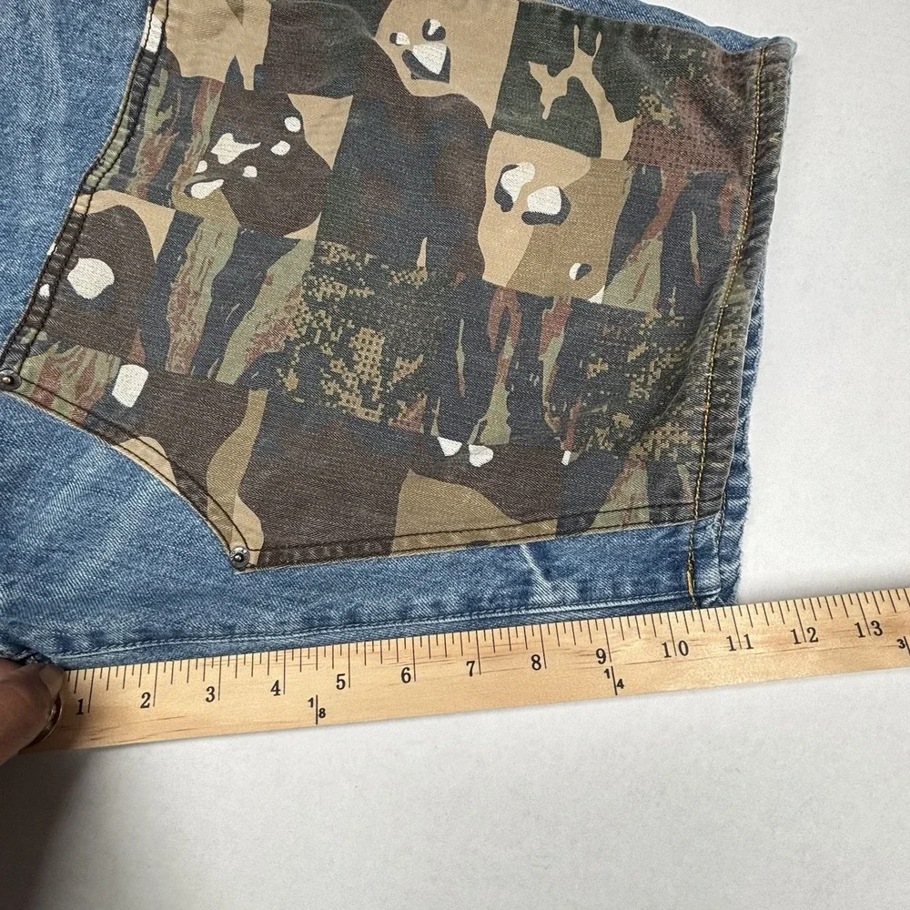 Akoo 99th Bombardier Blue Denim Mens Jean Shorts 42X11 Camo Patchwork Street EUC